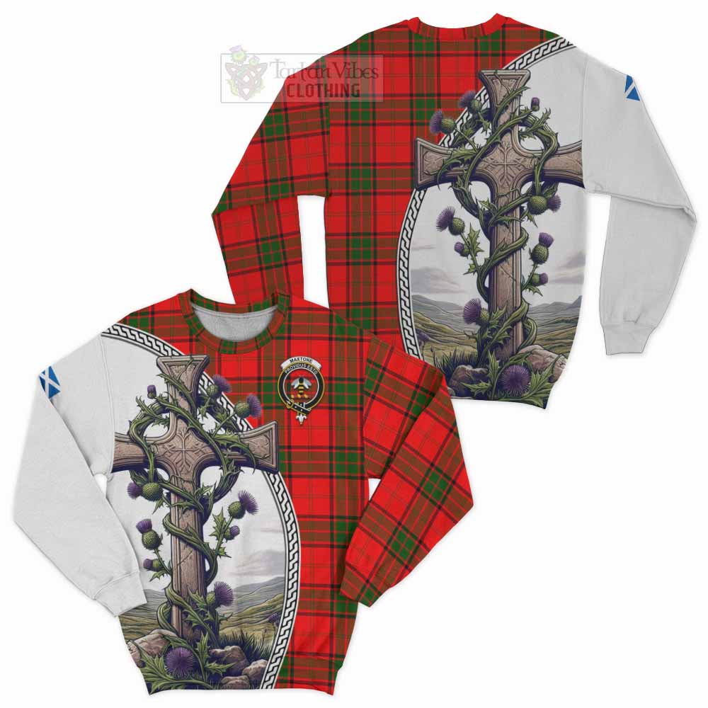 Maxtone Tartan Sweatshirt with Family Crest and St. Andrew's Cross Accented by Thistle Vines Unisex - Tartan Vibes Clothing