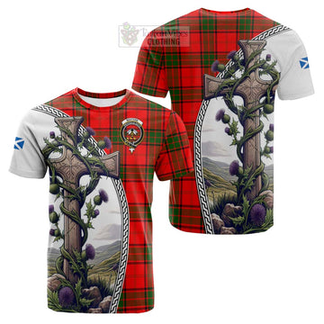 Maxtone Tartan Cotton T-shirt with Family Crest and St. Andrew's Cross Accented by Thistle Vines Kid's Shirt - Tartan Vibes Clothing