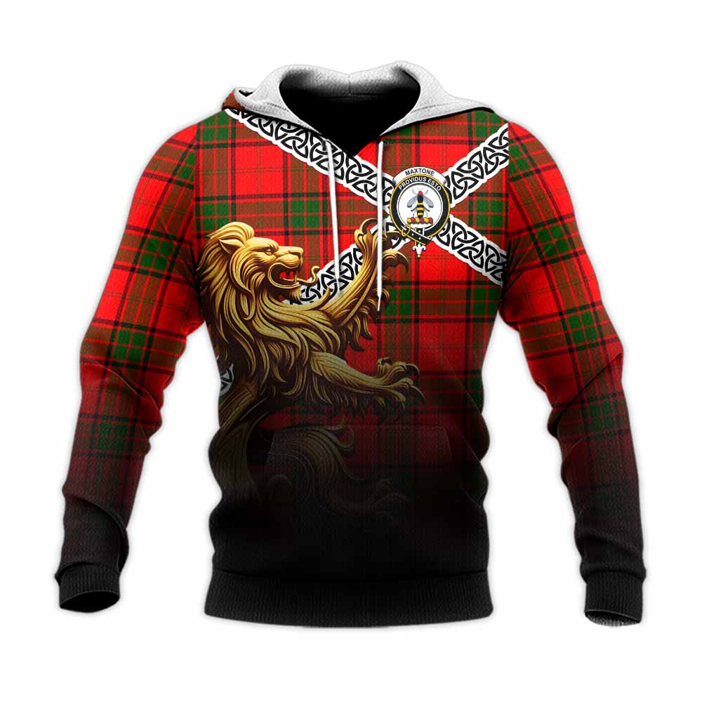 Maxtone Crest Tartan Knitted Hoodie with Golden Lion Emblem Celtic Style Unisex Knitted Pullover Hoodie - Tartan Vibes Clothing