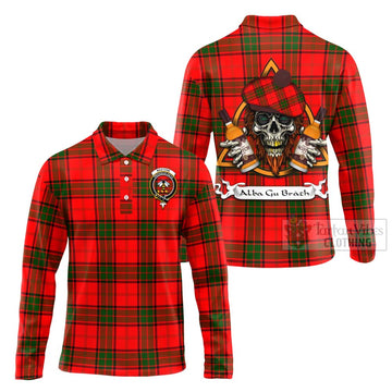 Maxtone Tartan Long Sleeve Polo Shirt with Family Crest and Bearded Skull Holding Bottles of Whiskey Unisex - Tartan Vibes Clothing
