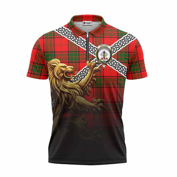 Maxtone Crest Tartan Zipper Polo Shirt with Golden Lion Emblem Celtic Style Unisex - Tartan Vibes Clothing