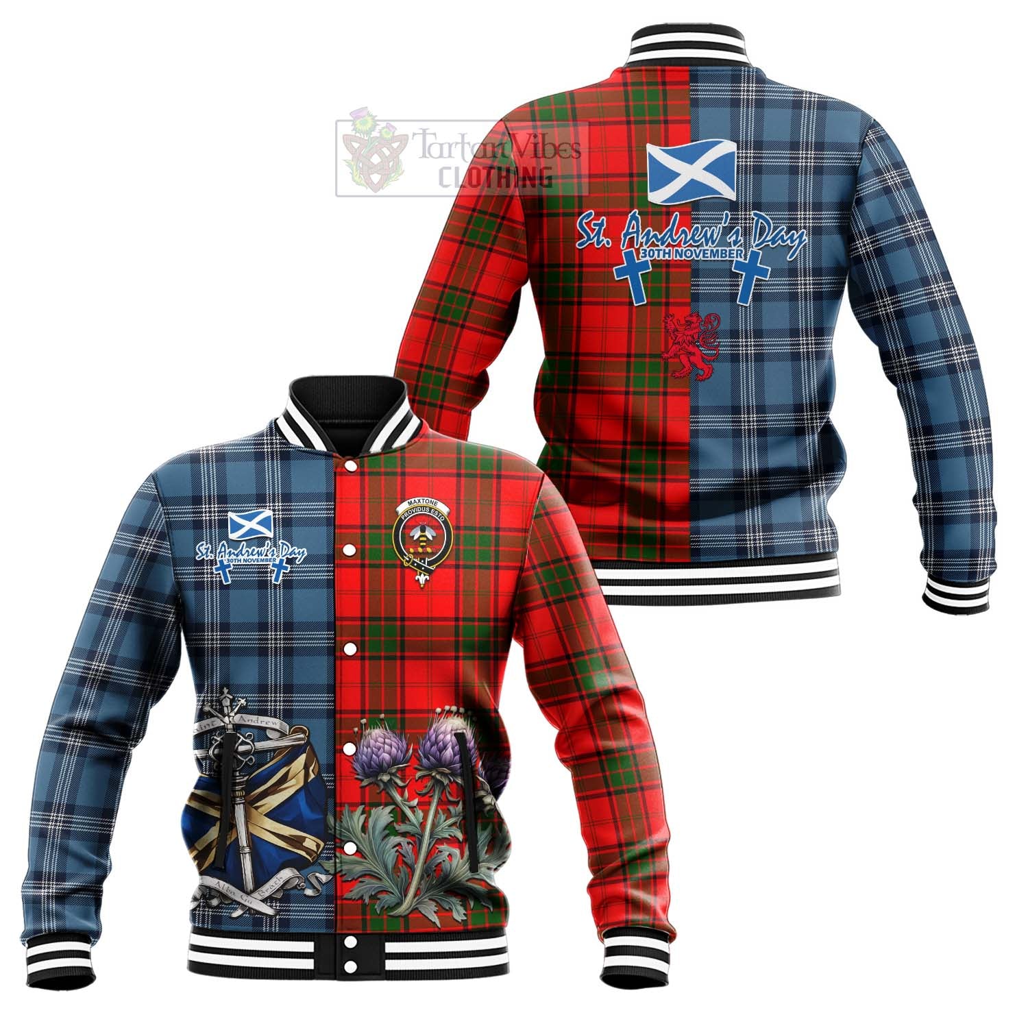 Maxtone Tartan Baseball Jacket Happy St. Andrew's Day Half Tartan Style Unisex - Tartan Vibes Clothing
