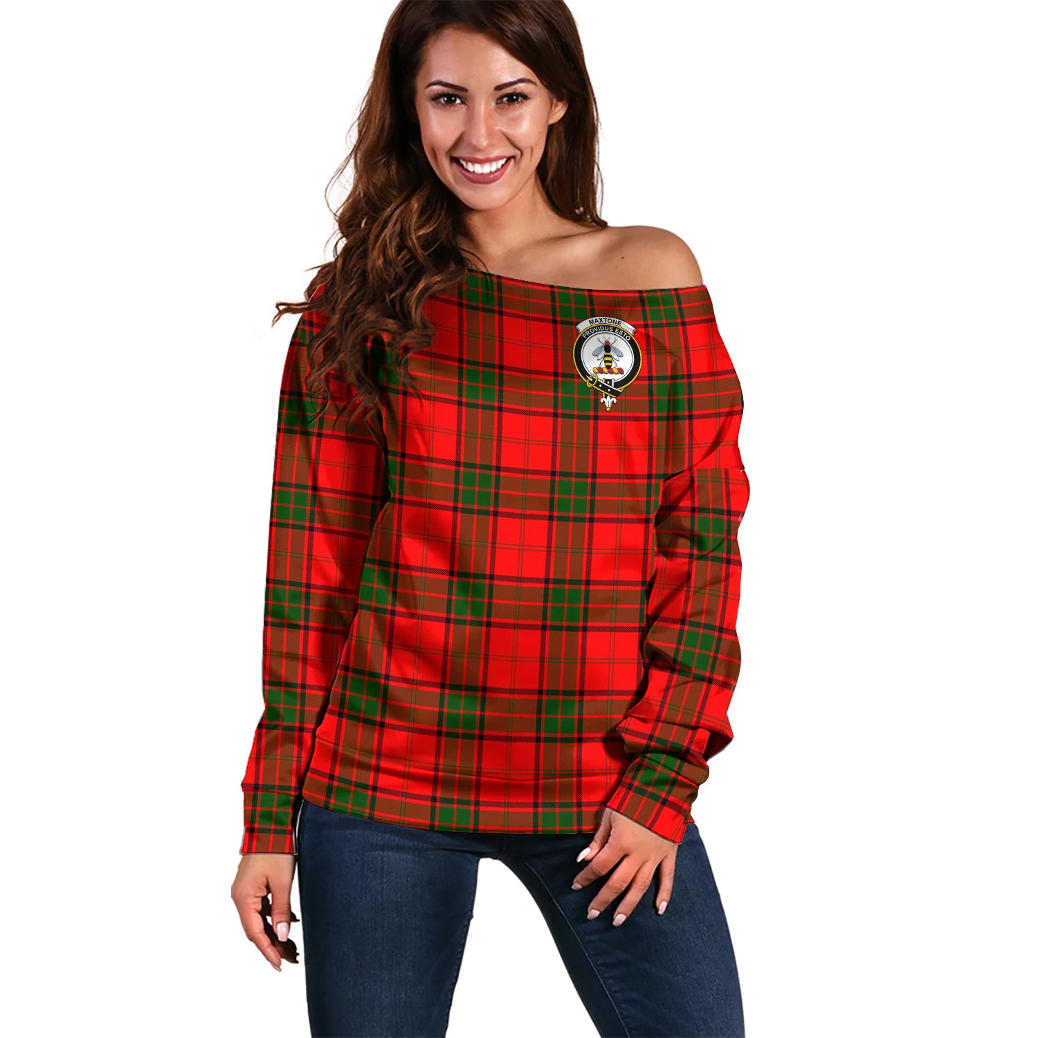 Maxtone Tartan Off Shoulder Women Sweater with Family Crest Women - Tartan Vibes Clothing