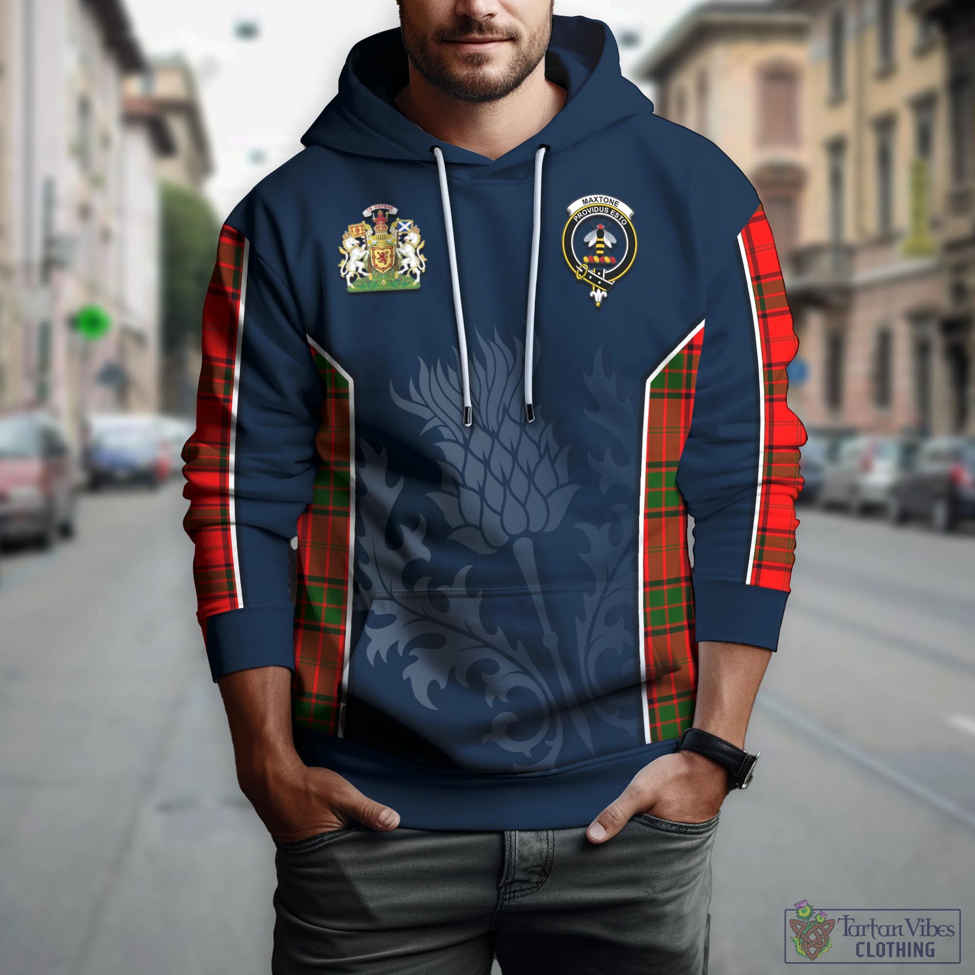 Tartan Vibes Clothing Maxtone Tartan Hoodie with Family Crest and Scottish Thistle Vibes Sport Style