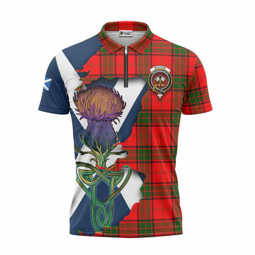 Tartan Vibes Clothing Maxtone Tartan Family Crest Zipper Polo Shirt Scottish Thistle Celtic Inspired