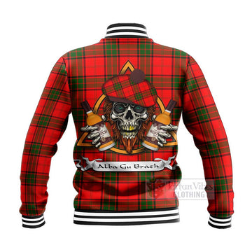Maxtone Tartan Baseball Jacket with Family Crest and Bearded Skull Holding Bottles of Whiskey - Tartan Vibes Clothing