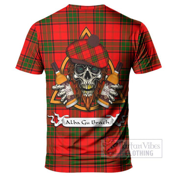 Maxtone Tartan T-Shirt with Family Crest and Bearded Skull Holding Bottles of Whiskey - Tartan Vibes Clothing