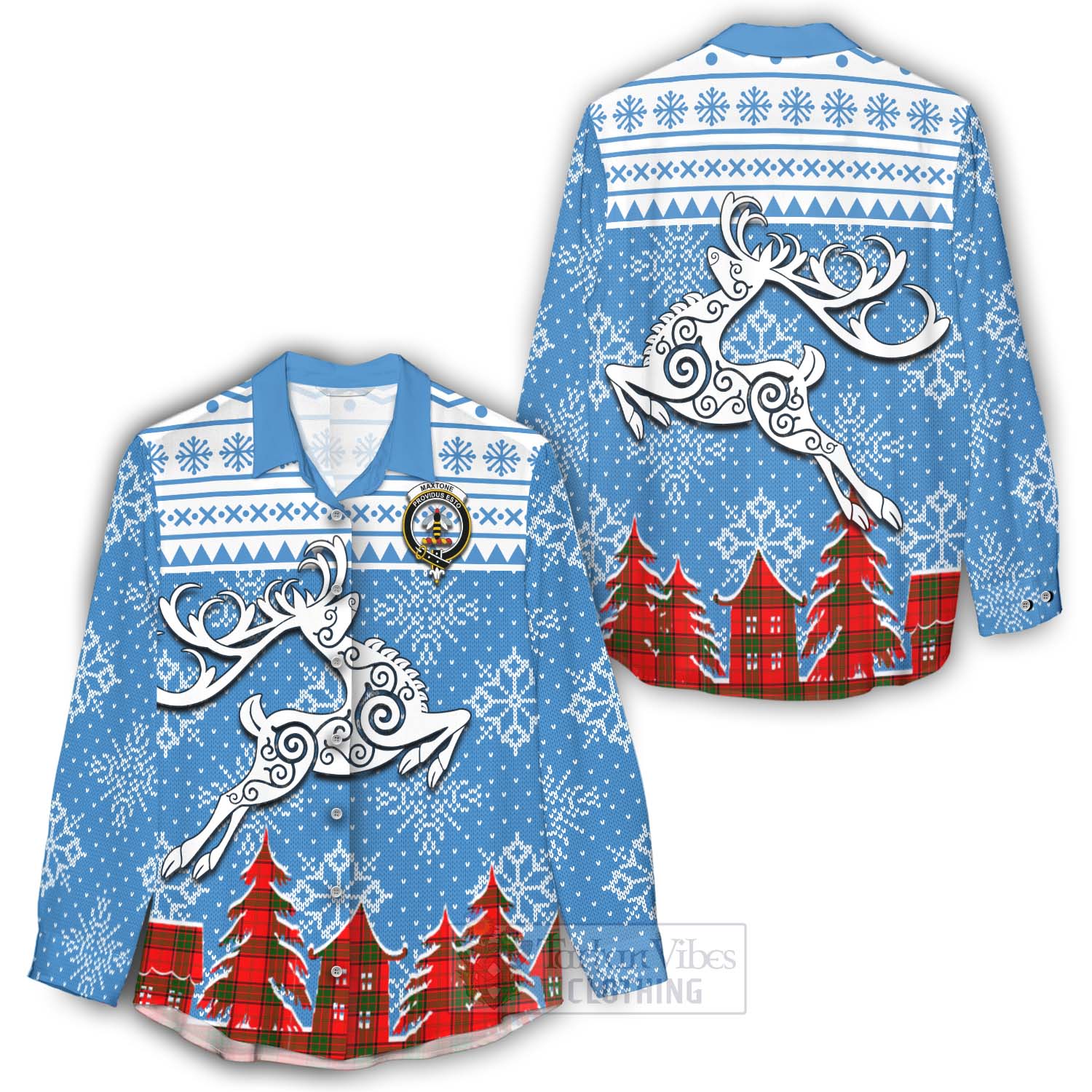 Maxtone Clan Christmas Women's Casual Shirt Celtic Reindeer Style - Tartan Vibes Clothing