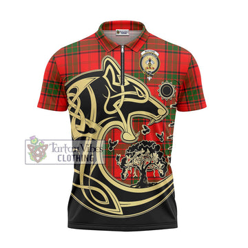 Maxtone Tartan Zipper Polo Shirt with Family Crest Celtic Wolf Style - Tartan Vibes Clothing