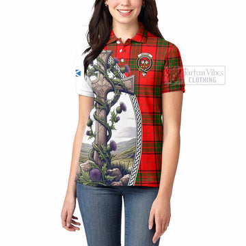 Maxtone Tartan Women's Polo Shirt with Family Crest and St. Andrew's Cross Accented by Thistle Vines - Tartan Vibes Clothing