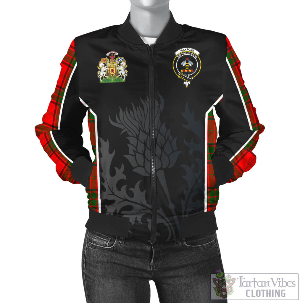 Maxtone Tartan Bomber Jacket with Family Crest and Scottish Thistle Vibes Sport Style - Tartan Vibes Clothing