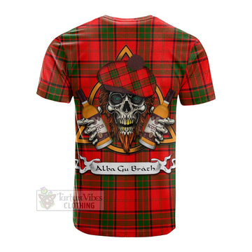 Maxtone Tartan Cotton T-shirt with Family Crest and Bearded Skull Holding Bottles of Whiskey - Tartan Vibes Clothing