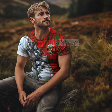 Maxtone Tartan T-Shirt with Family Crest and St. Andrew's Cross Accented by Thistle Vines - Tartan Vibes Clothing