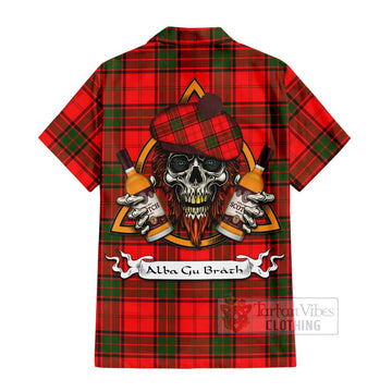 Maxtone Tartan Hawaiian Shirt with Family Crest and Bearded Skull Holding Bottles of Whiskey - Tartan Vibes Clothing