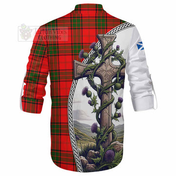 Maxtone Tartan Ghillie Kilt Shirt with Family Crest and St. Andrew's Cross Accented by Thistle Vines - Tartan Vibes Clothing