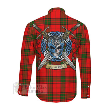 Maxtone Tartan Long Sleeve Button Shirt with Family Crest Celtic Skull Style Men's Shirt - Tartan Vibes Clothing