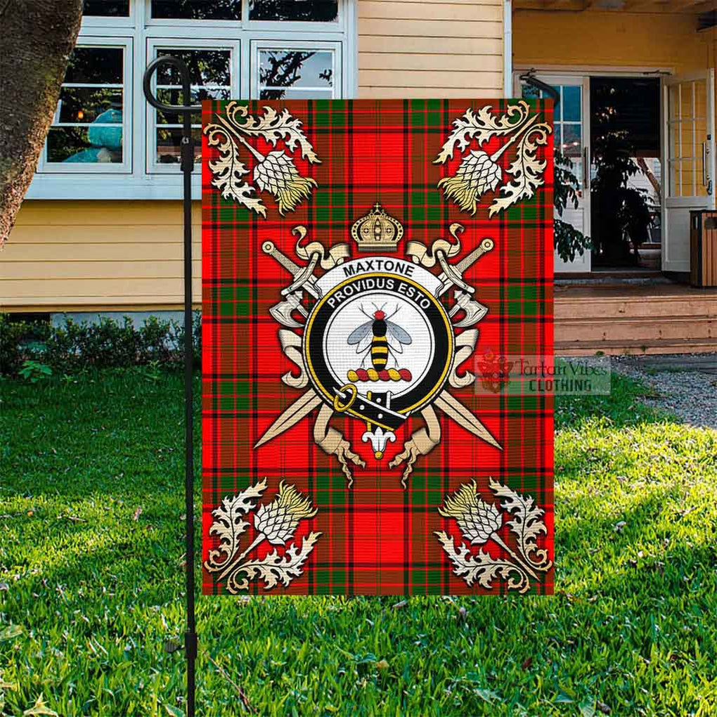 Tartan Vibes Clothing Maxtone Tartan Flag with Family Crest and Golden Thistle Crossed Sword Design