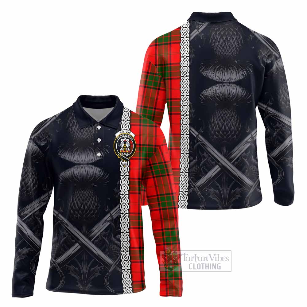Maxtone Tartan Long Sleeve Polo Shirt with Family Crest Cross Sword Thistle Celtic Vibes - Tartan Vibes Clothing