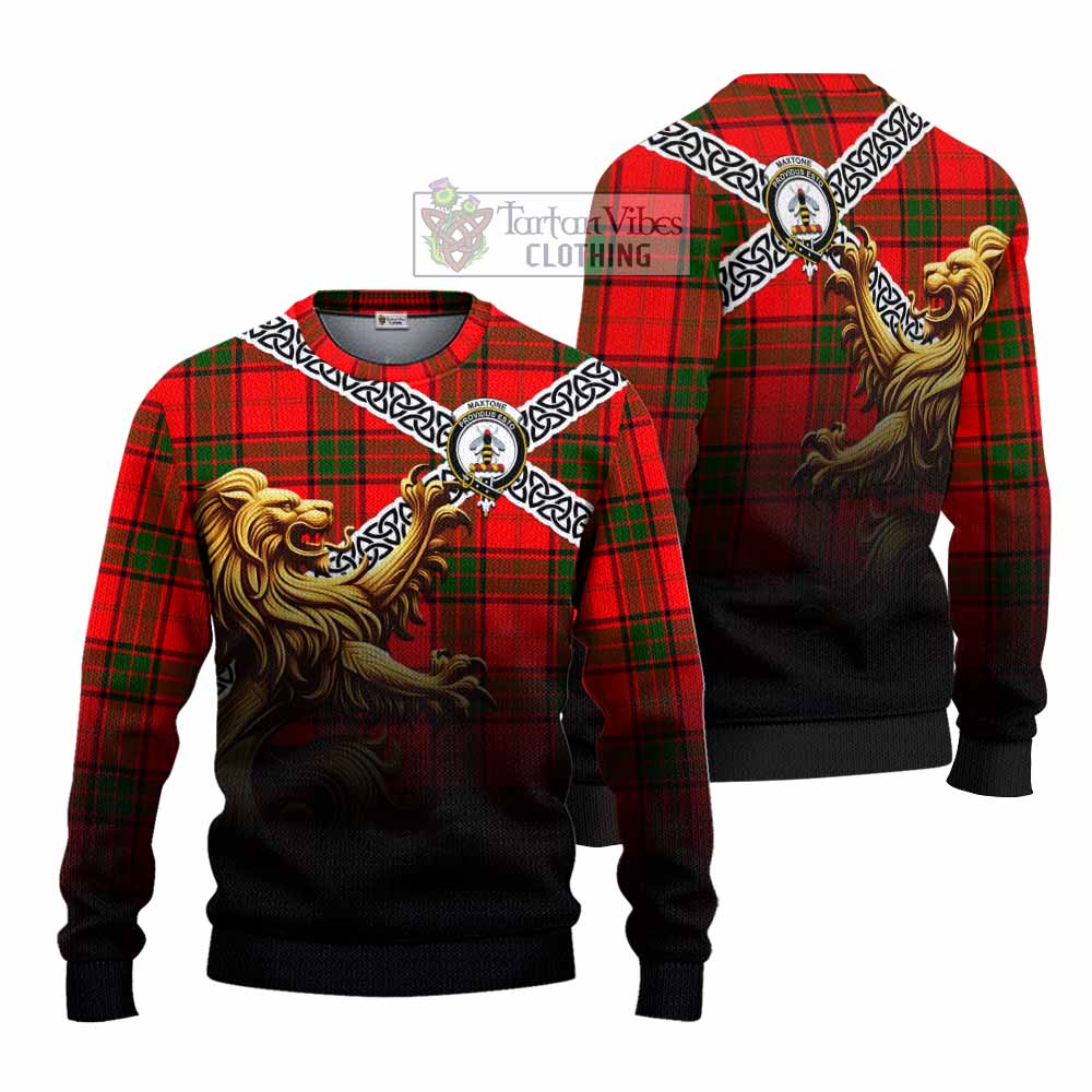 Tartan Vibes Clothing Maxtone Crest Tartan Knitted Sweater with Golden Lion Emblem Celtic Style