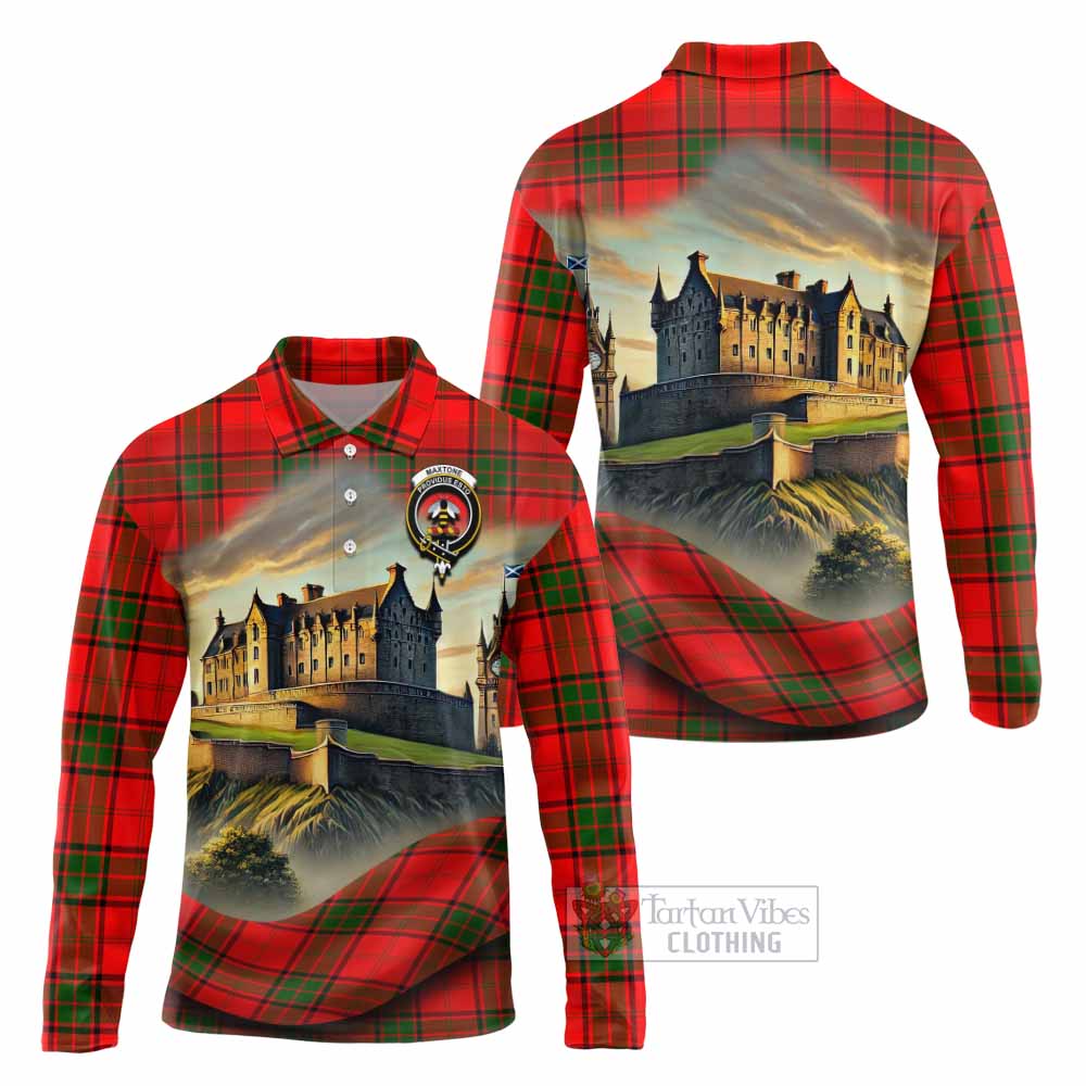 Maxtone Tartan Family Crest Long Sleeve Polo Shirt with Scottish Ancient Castle Style - Tartan Vibes Clothing
