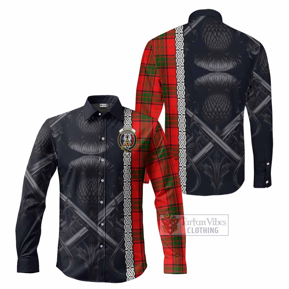 Tartan Vibes Clothing Maxtone Tartan Long Sleeve Button Shirt with Family Crest Cross Sword Thistle Celtic Vibes