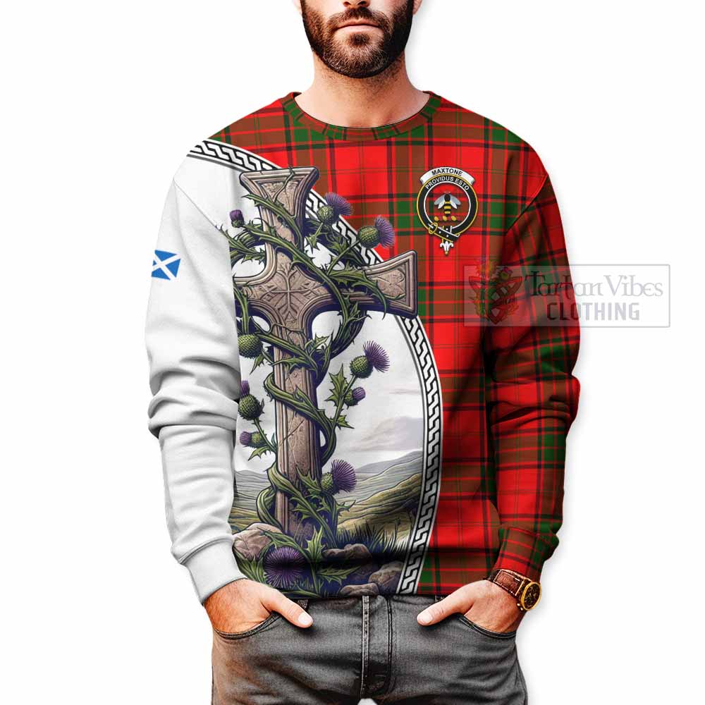 Maxtone Tartan Sweatshirt with Family Crest and St. Andrew's Cross Accented by Thistle Vines - Tartan Vibes Clothing