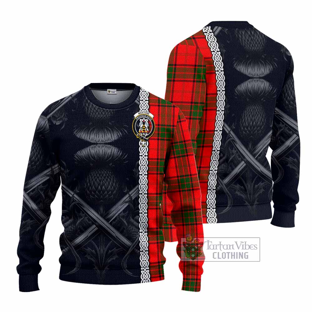 Maxtone Tartan Knitted Sweater with Family Crest Cross Sword Thistle Celtic Vibes - Tartan Vibes Clothing