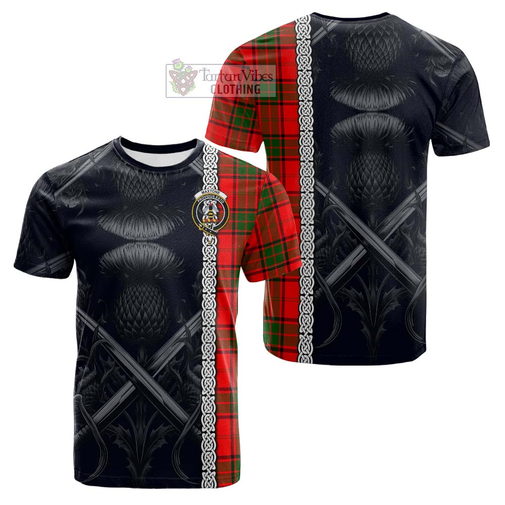 Maxtone Tartan Cotton T-shirt with Family Crest Cross Sword Thistle Celtic Vibes - Tartan Vibes Clothing