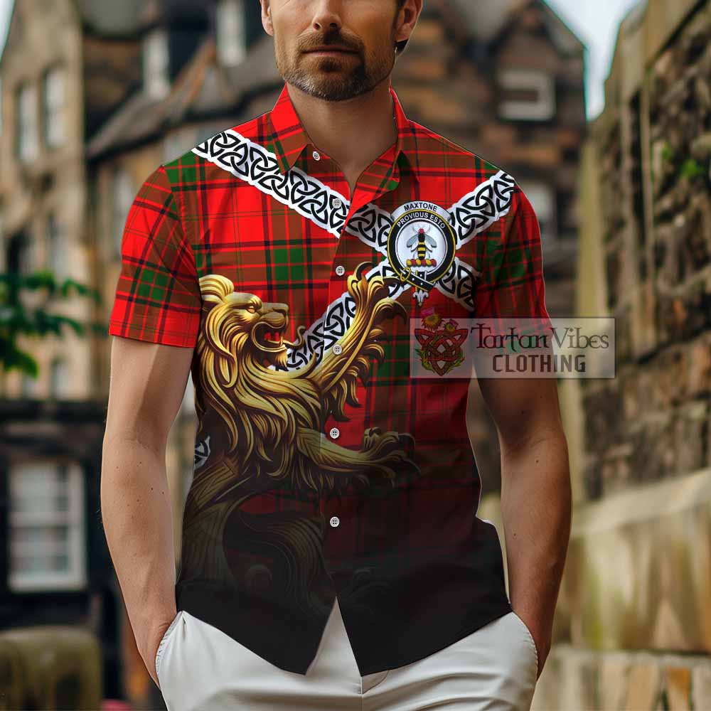 Maxtone Crest Tartan Hawaiian Shirt with Golden Lion Emblem Celtic Style - Tartan Vibes Clothing