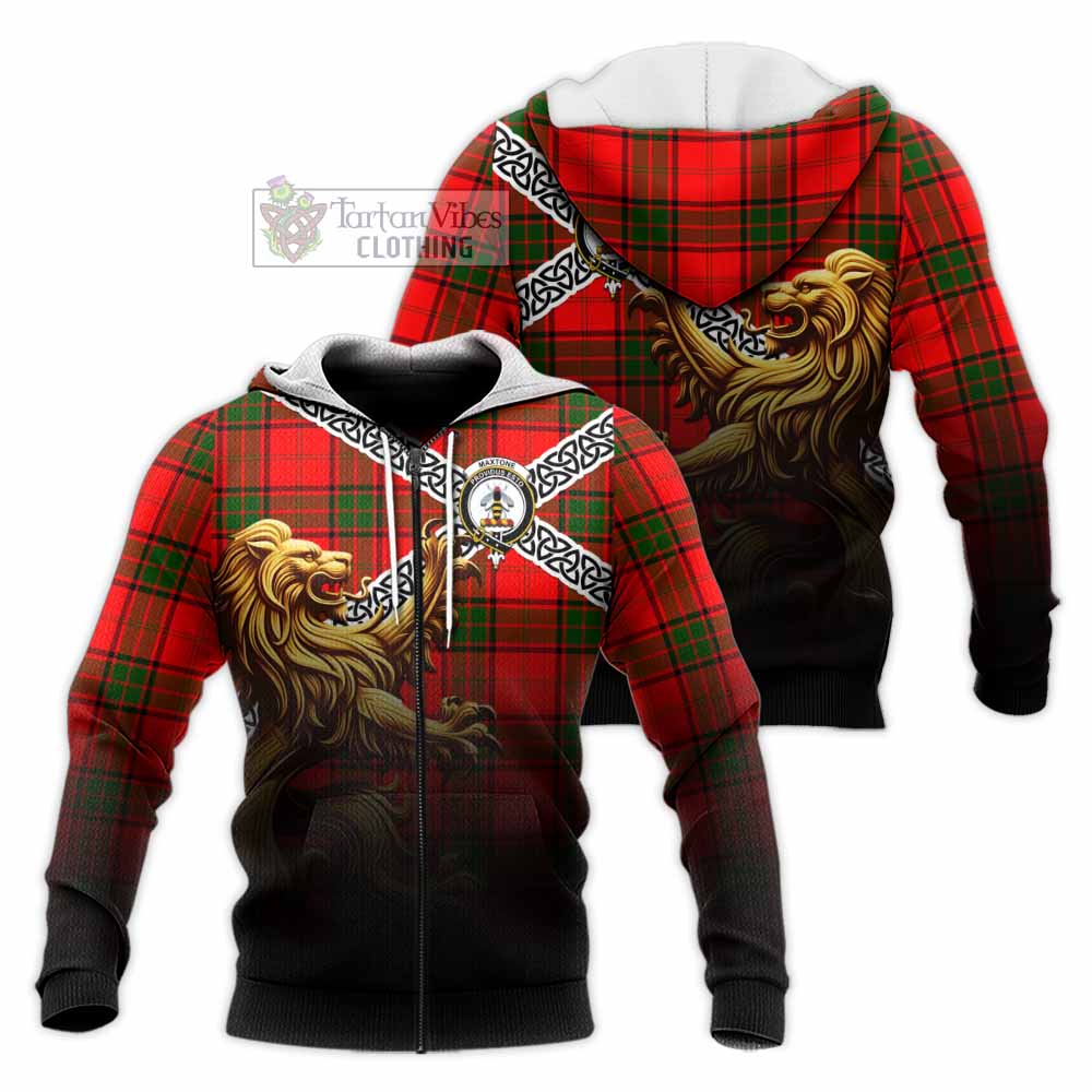 Maxtone Crest Tartan Knitted Hoodie with Golden Lion Emblem Celtic Style Unisex Knitted Zip Hoodie - Tartan Vibes Clothing