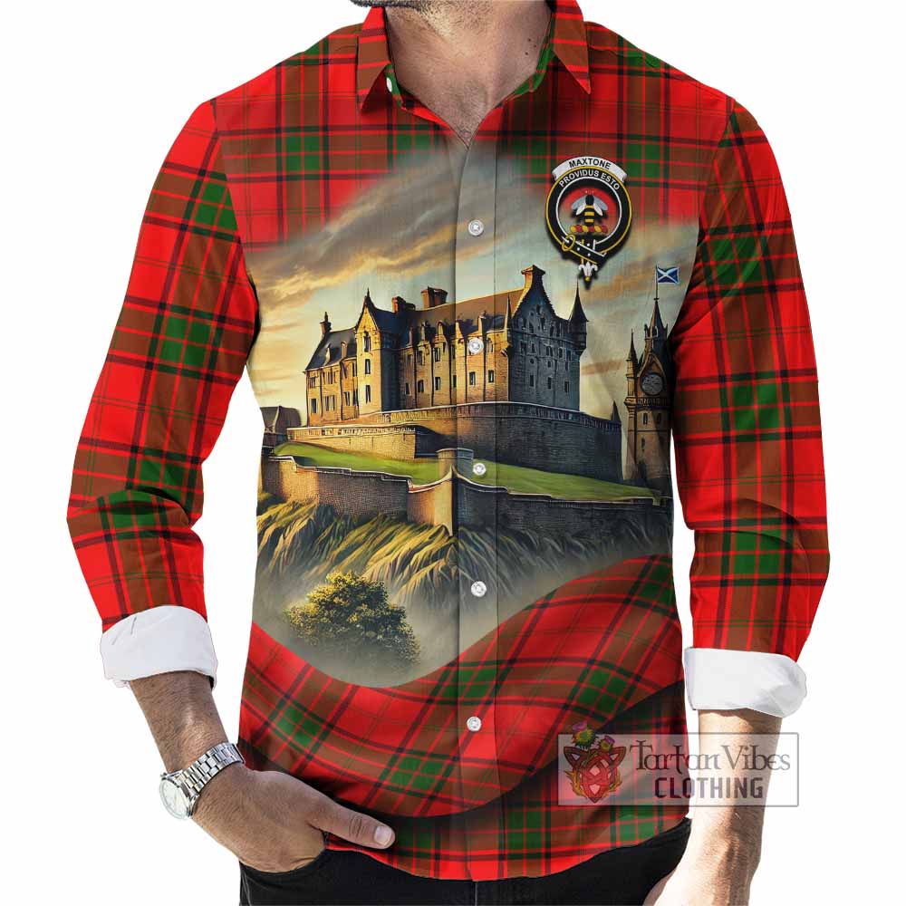 Tartan Vibes Clothing Maxtone Tartan Family Crest Long Sleeve Button Shirt with Scottish Ancient Castle Style