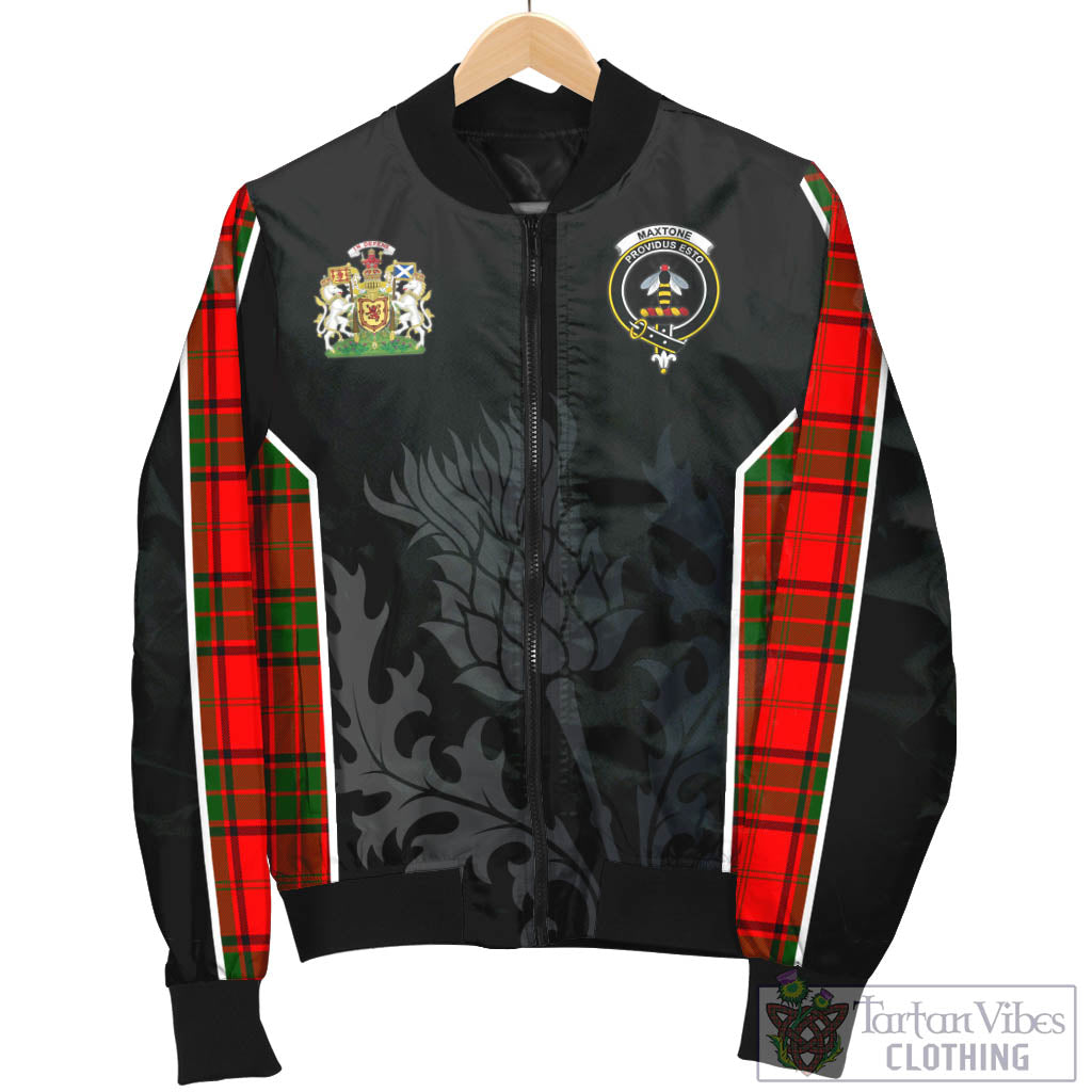 Maxtone Tartan Bomber Jacket with Family Crest and Scottish Thistle Vibes Sport Style - Tartan Vibes Clothing