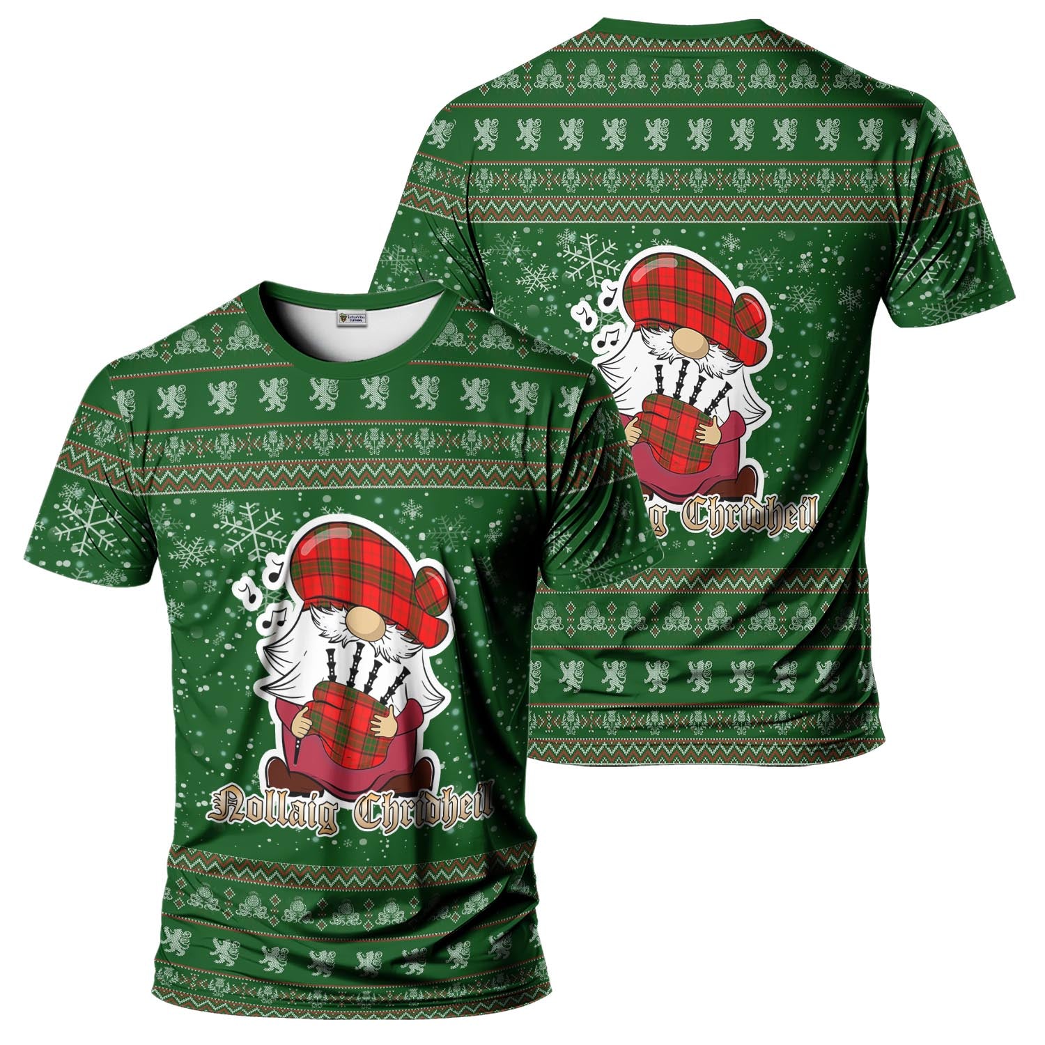 Maxtone Clan Christmas Family T-Shirt with Funny Gnome Playing Bagpipes Men's Shirt Green - Tartanvibesclothing