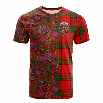 Maxtone Family Crest Tartan Cotton T-shirt Scottish Thistle Flower Pattern Half Style