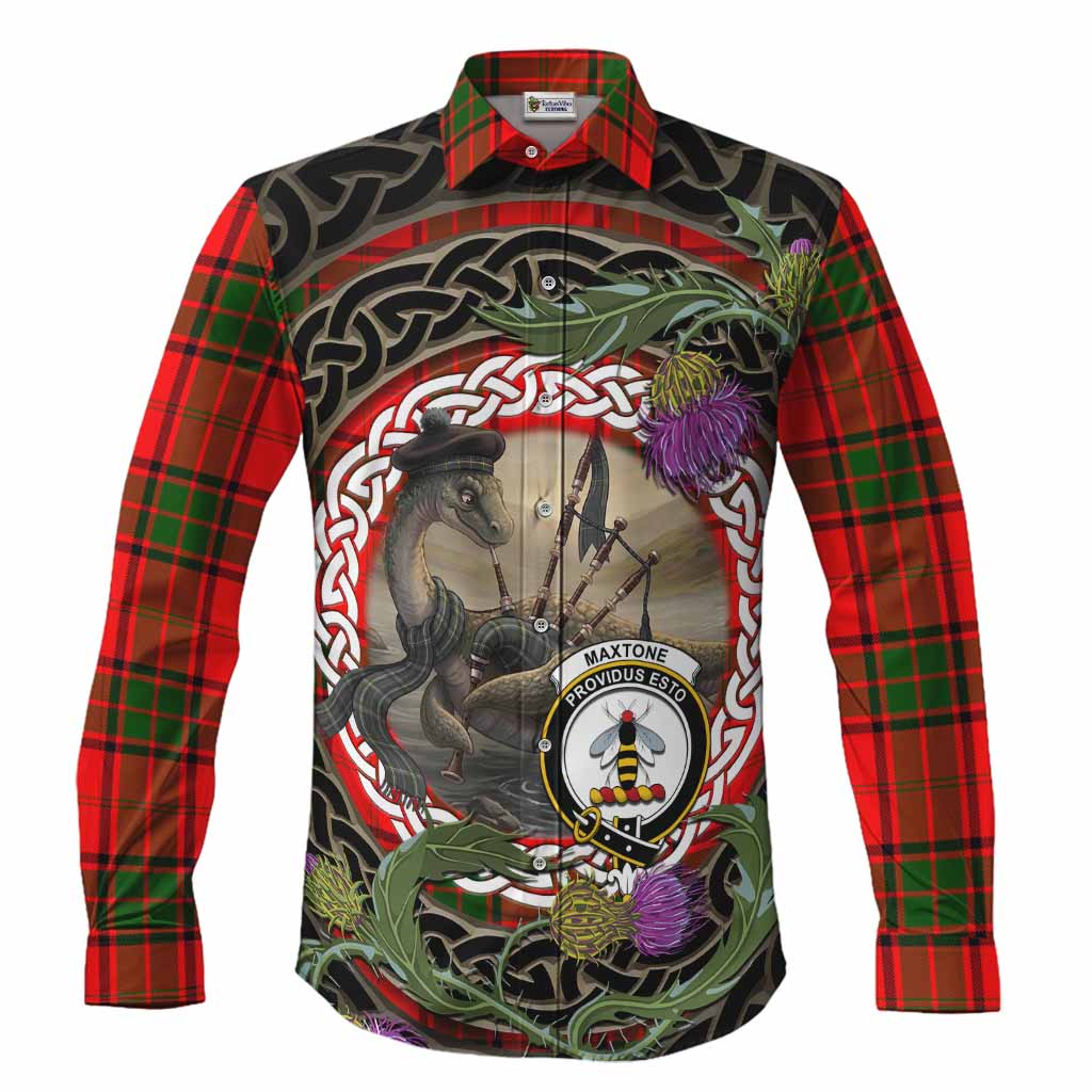 Maxtone Tartan Crest Bagpipe Nessie Long Sleeve Button Shirts Scottish Loch Ness Monster Celtic Thistle