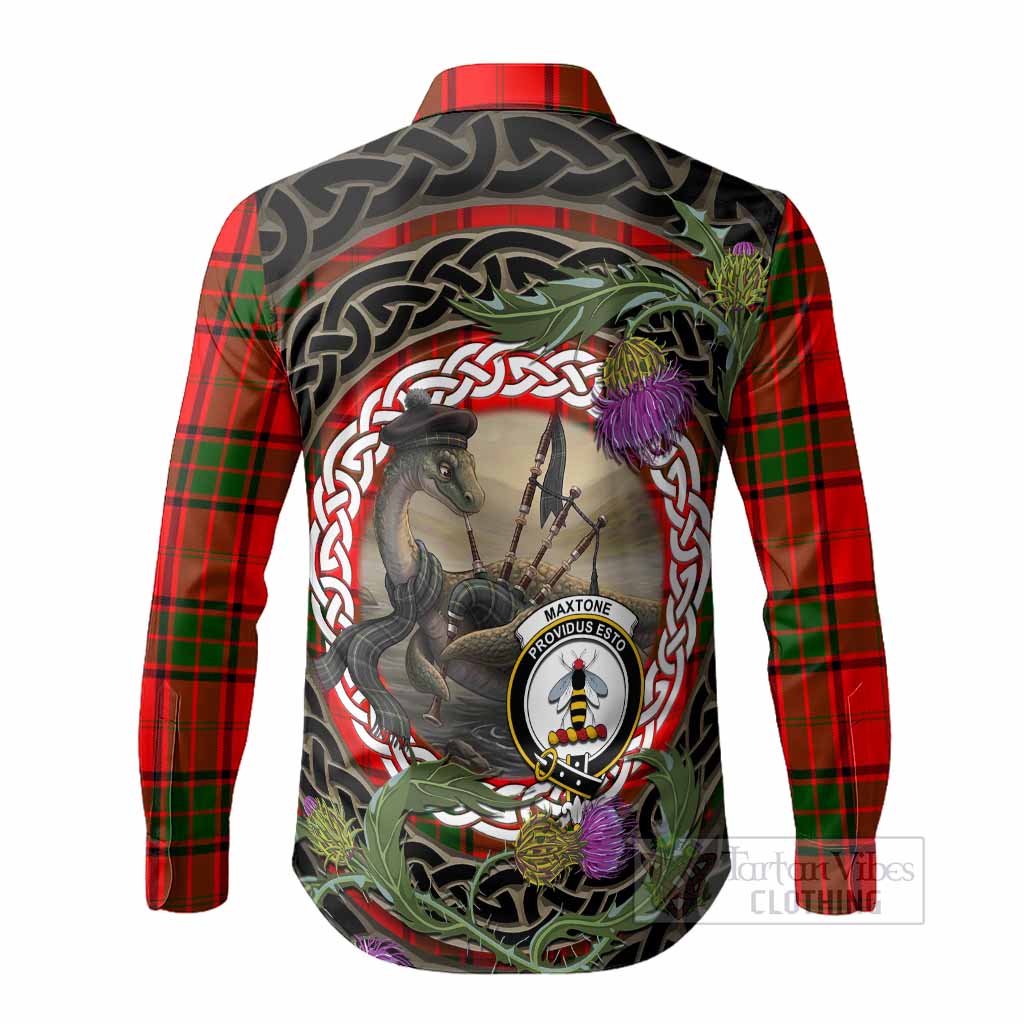 Maxtone Tartan Crest Bagpipe Nessie Long Sleeve Button Shirts Scottish Loch Ness Monster Celtic Thistle