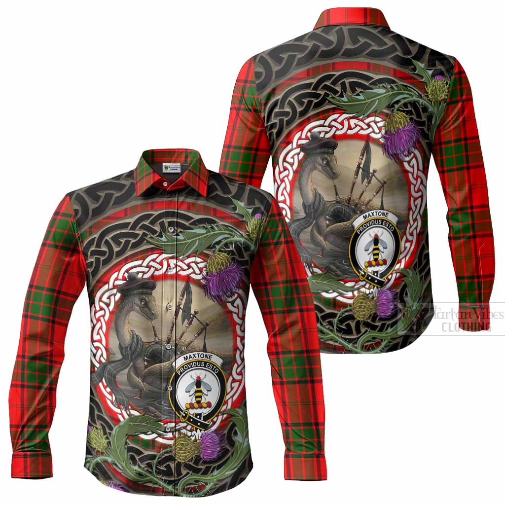 Maxtone Tartan Crest Bagpipe Nessie Long Sleeve Button Shirts Scottish Loch Ness Monster Celtic Thistle