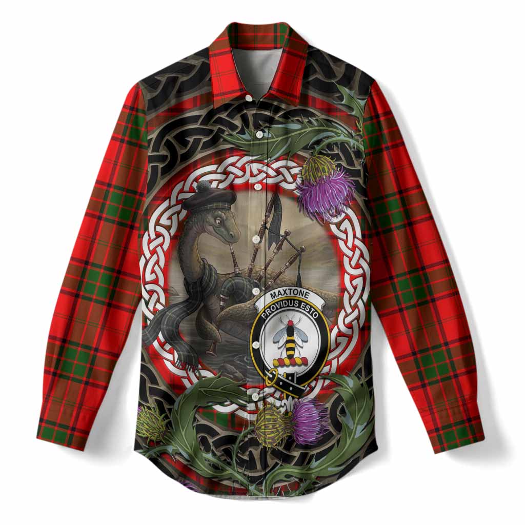 Maxtone Tartan Crest Bagpipe Nessie Women Casual Shirt Scottish Loch Ness Monster Celtic Thistle