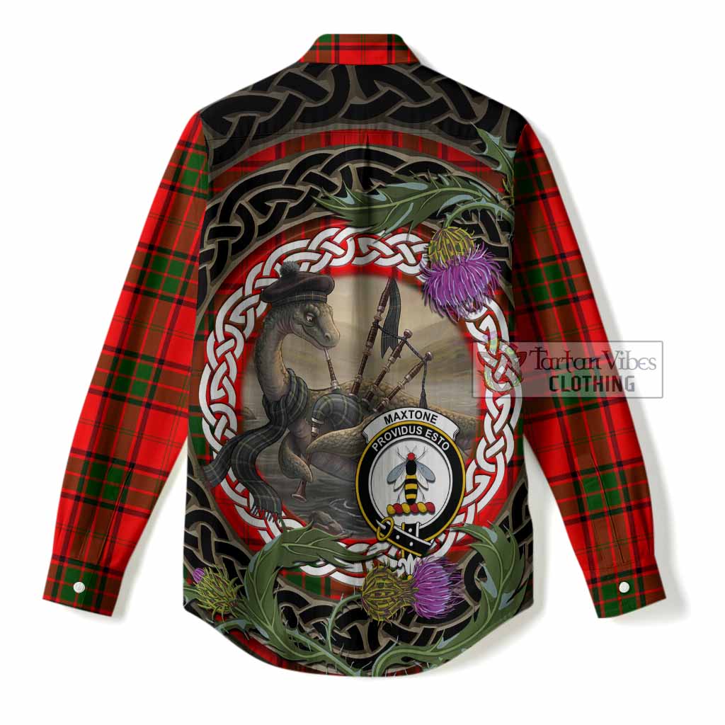 Maxtone Tartan Crest Bagpipe Nessie Women Casual Shirt Scottish Loch Ness Monster Celtic Thistle