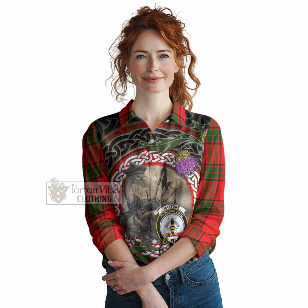 Maxtone Tartan Crest Bagpipe Nessie Women Casual Shirt Scottish Loch Ness Monster Celtic Thistle