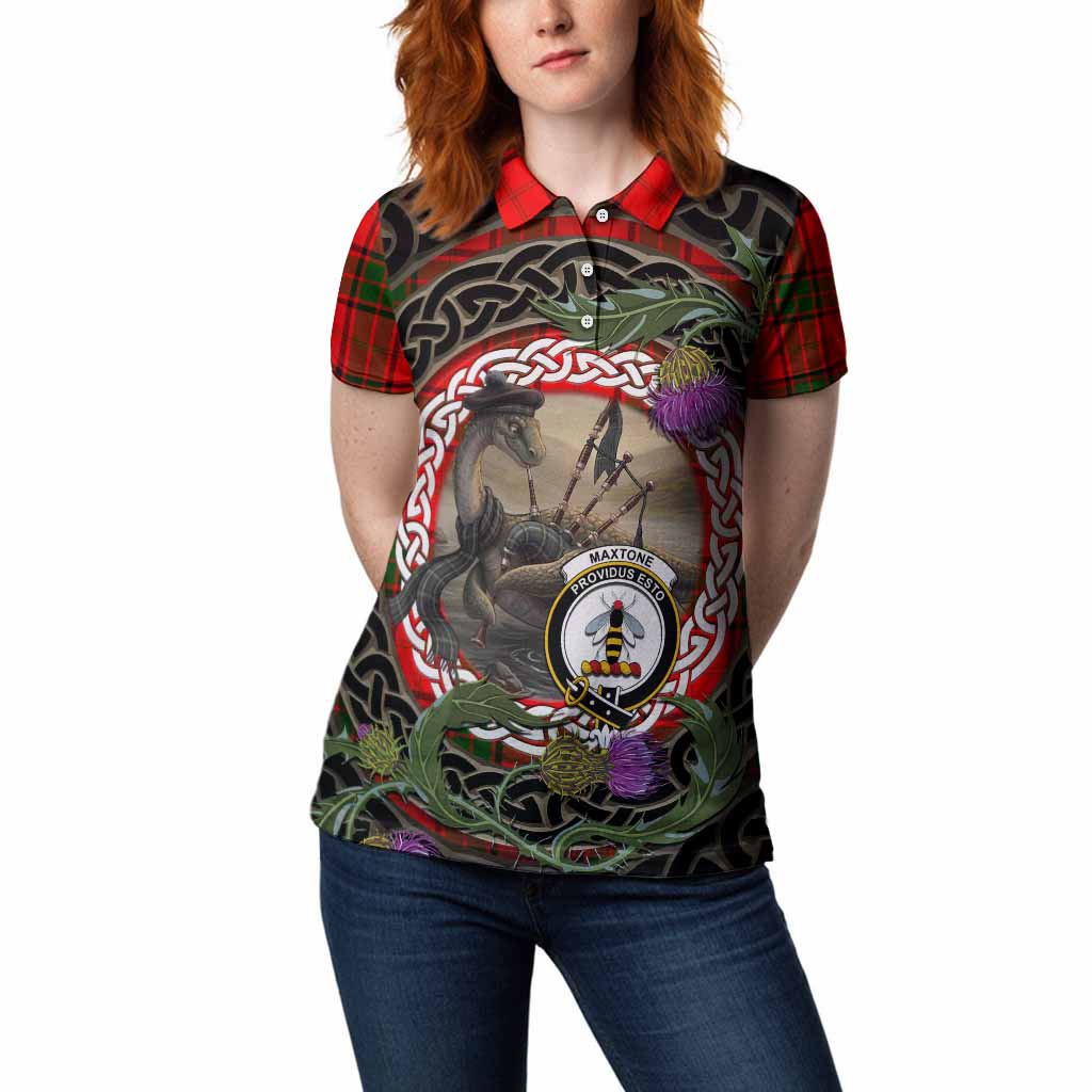 Maxtone Tartan Crest Bagpipe Nessie Women Polo Shirt Scottish Loch Ness Monster Celtic Thistle