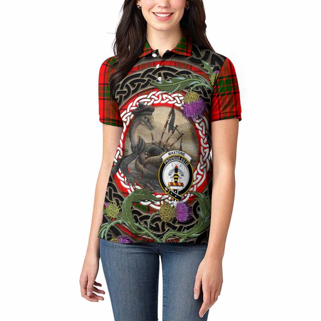 Maxtone Tartan Crest Bagpipe Nessie Women Polo Shirt Scottish Loch Ness Monster Celtic Thistle