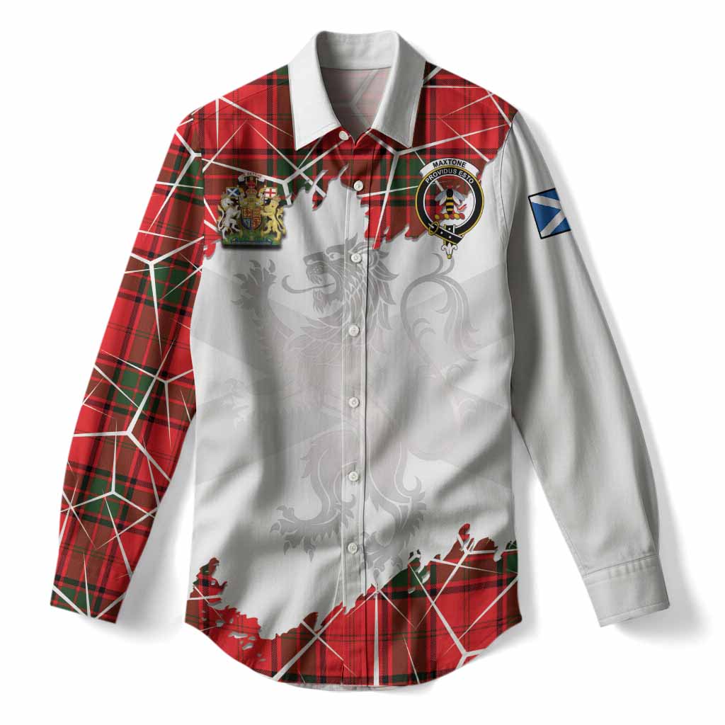 Maxtone Tartan Women Casual Shirt with Family Crest and Lion Rampant Grunge Style