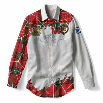 Maxtone Tartan Women Casual Shirt with Family Crest and Lion Rampant Grunge Style