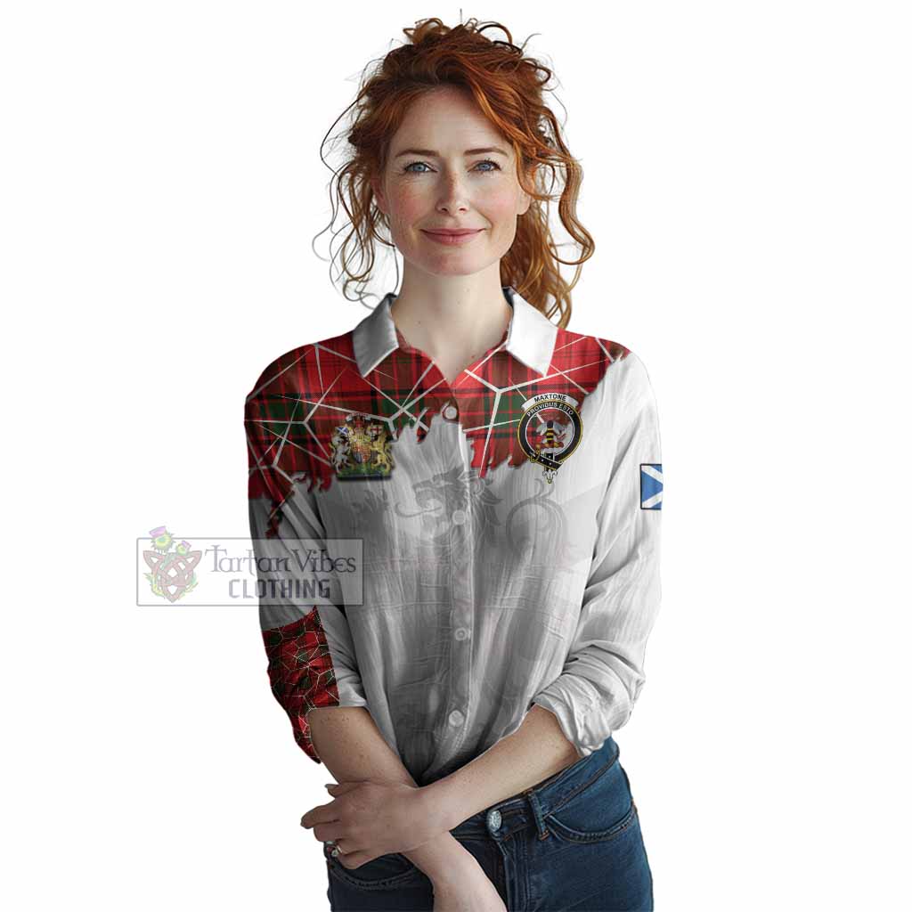 Maxtone Tartan Women Casual Shirt with Family Crest and Lion Rampant Grunge Style