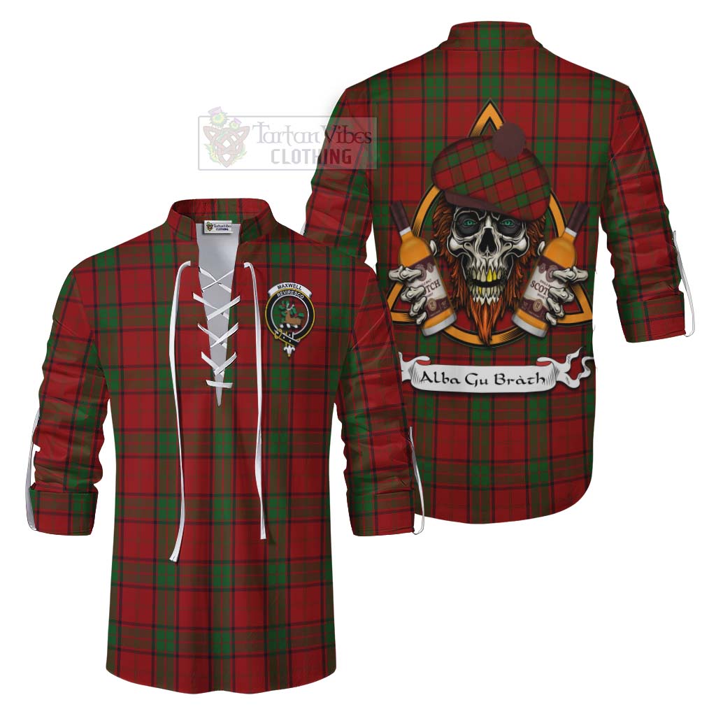 Tartan Vibes Clothing Maxwell Tartan Ghillie Kilt Shirt with Family Crest and Bearded Skull Holding Bottles of Whiskey