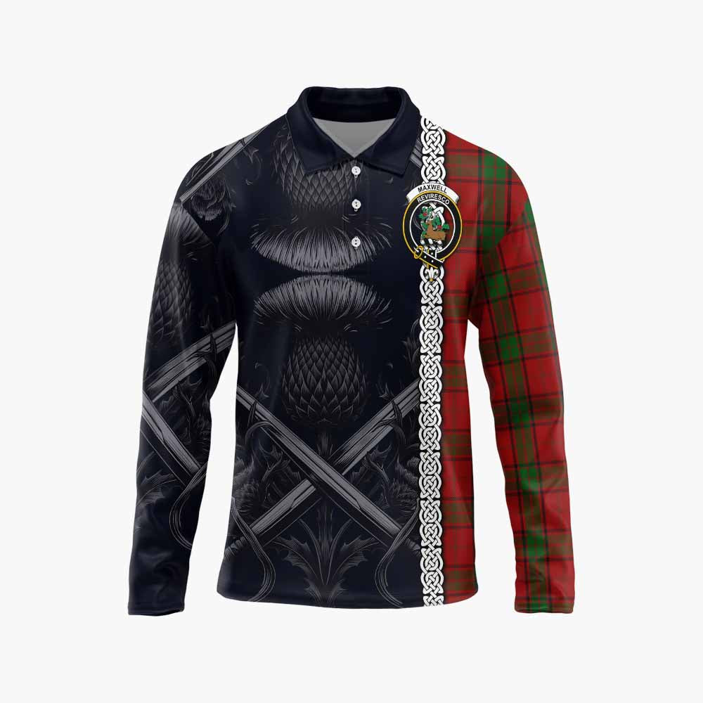Tartan Vibes Clothing Maxwell Tartan Long Sleeve Polo Shirt with Family Crest Cross Sword Thistle Celtic Vibes