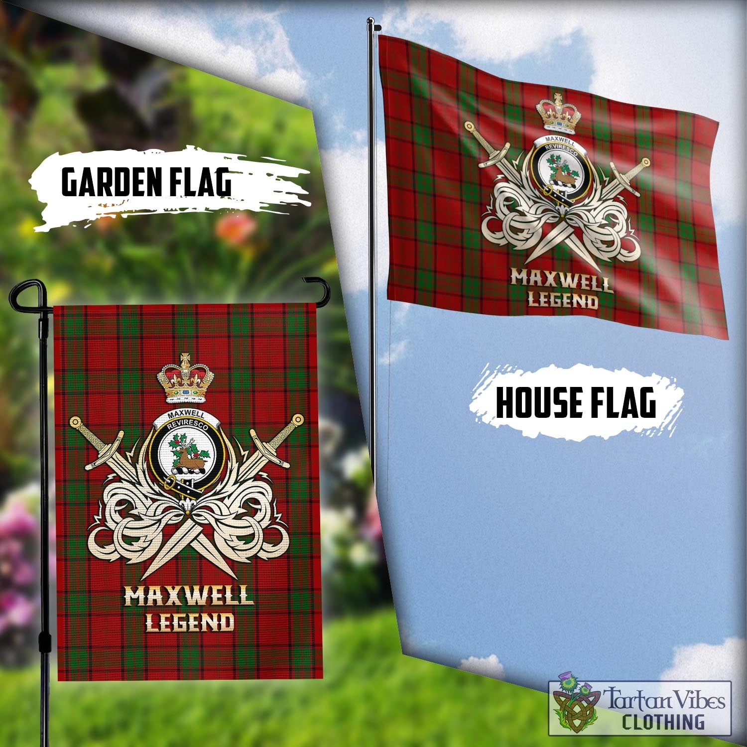 Tartan Vibes Clothing Maxwell Tartan Flag with Clan Crest and the Golden Sword of Courageous Legacy