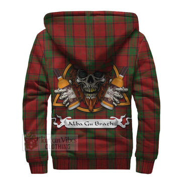 Maxwell Tartan Sherpa Hoodie with Family Crest and Bearded Skull Holding Bottles of Whiskey
