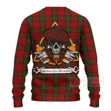 Tartan Vibes Clothing Maxwell Tartan Knitted Sweater with Family Crest and Bearded Skull Holding Bottles of Whiskey